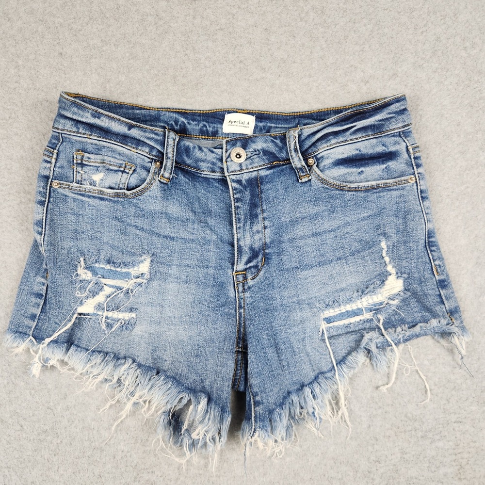 Special A Denim Shorts Womens Medium Blue Cotton Stretch Distressed Frayed Hem